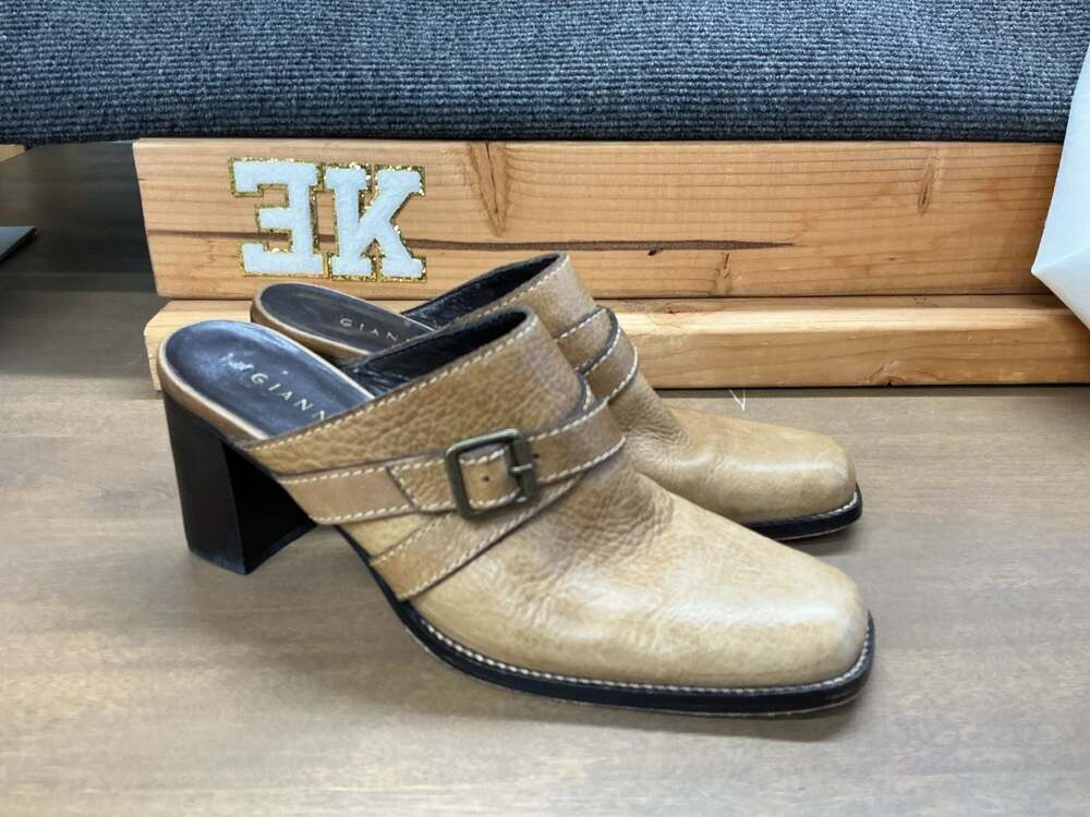 Gianni Bini Roy Side Buckle Brown Leather Square Toe Block Heel Mules